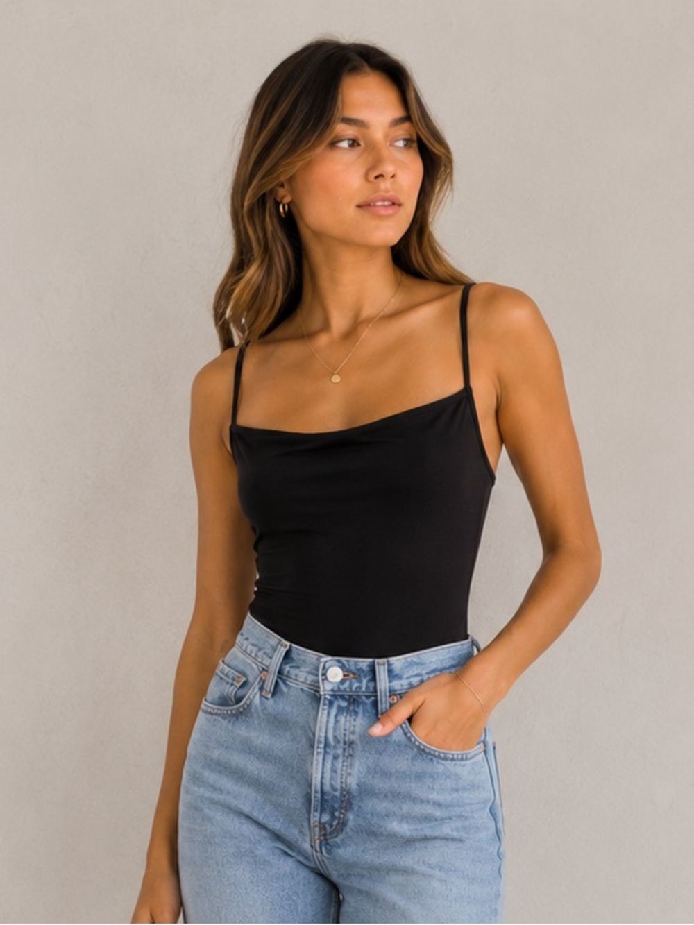 Free People Black Slim Cowl Neck Bodysuit